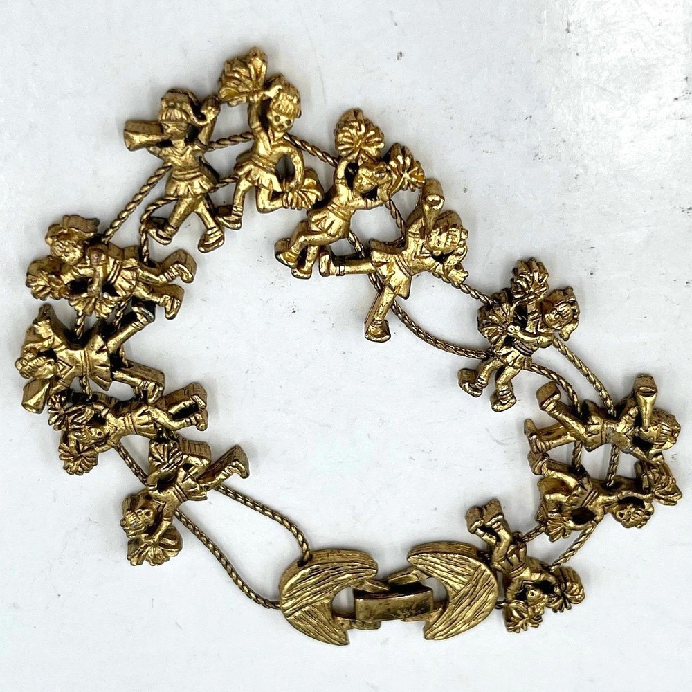 Vintage Gold Tone Cheerleader Charm Bracelet Novelty‎ Sports Jewelry Y2K 7 Inch